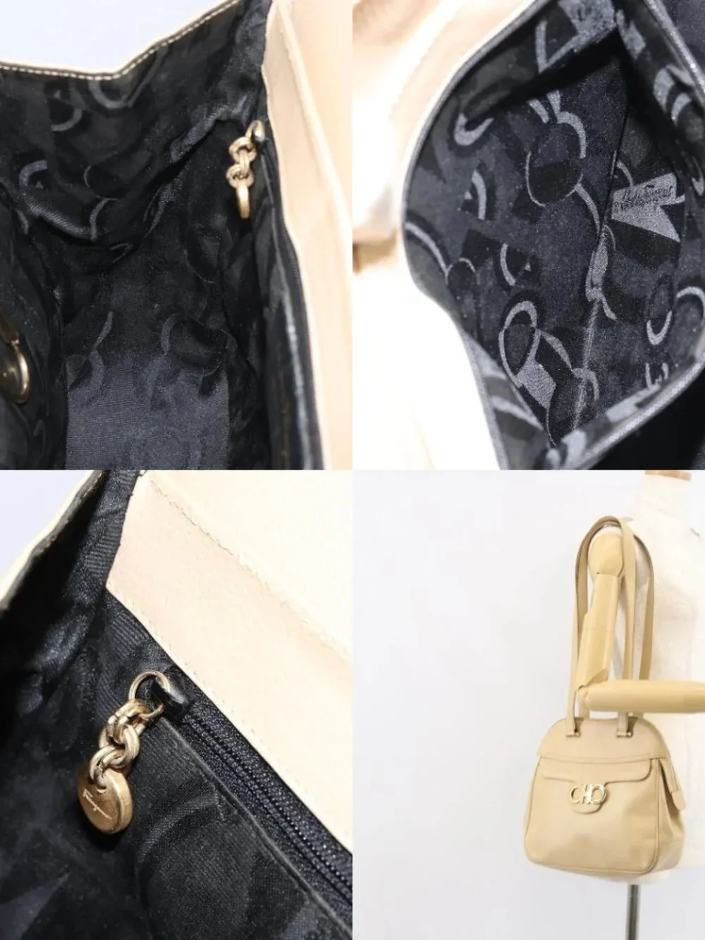 Salvatore Ferragamo Gancini Shoulder Bag Leather Beige Gold Auth 161430